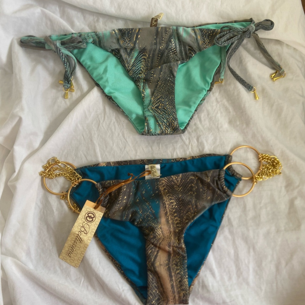Bellissima Luxury Bikini Bottoms Teal & Bronze Feather Print Side Tie Size L NEW - Picture 4 of 16